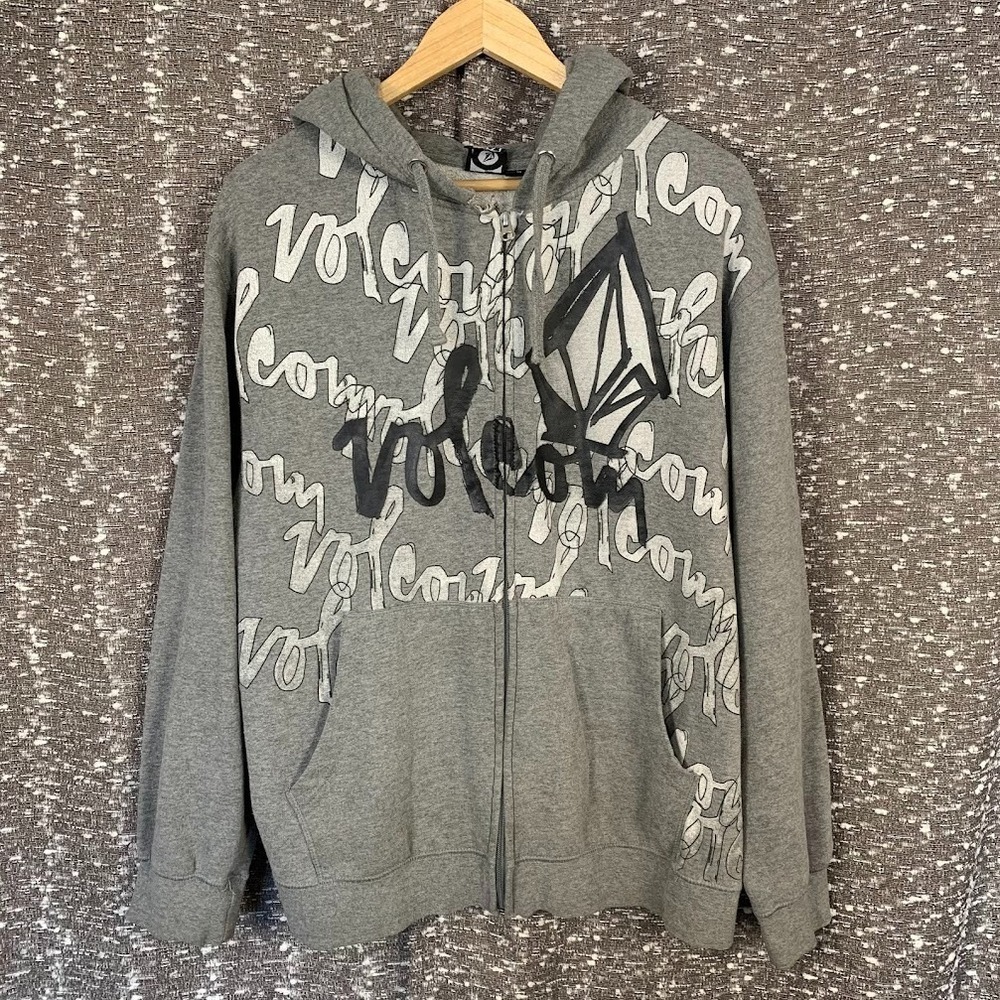 Vintage Y2K Volcom Stone Logo Spellout Graphic Full Zip Gray Hoodie Men's Large